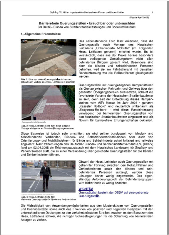 Bericht - Barrierefreie Querungsstellen – brauchbar oder unbrauchbar - Im Detail – Einbau von Straßenrandeinfassungen und Bodenindikatoren - 2009