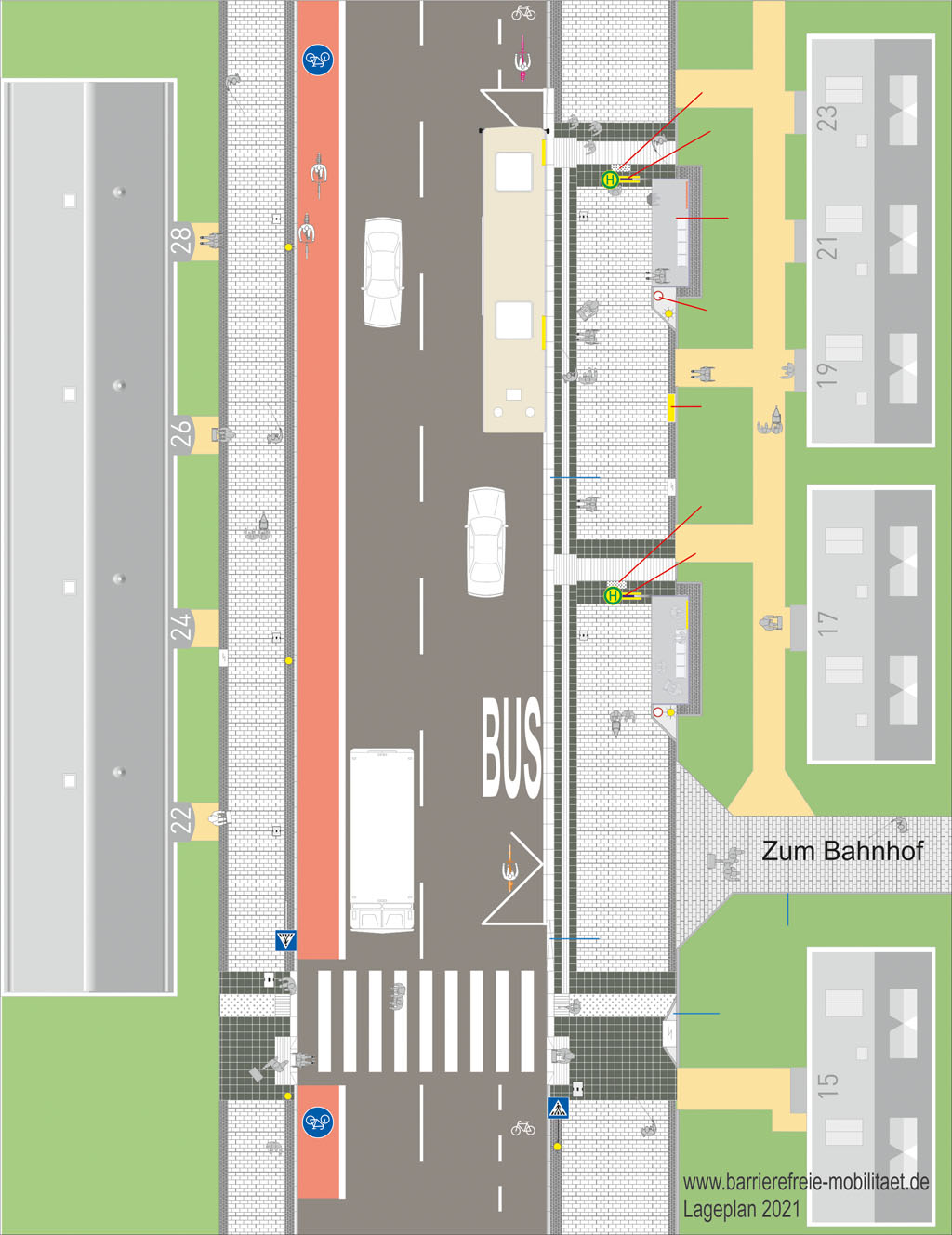 Grafik - barrierefreie Bushaltestelle Mehrfachhaltestelle