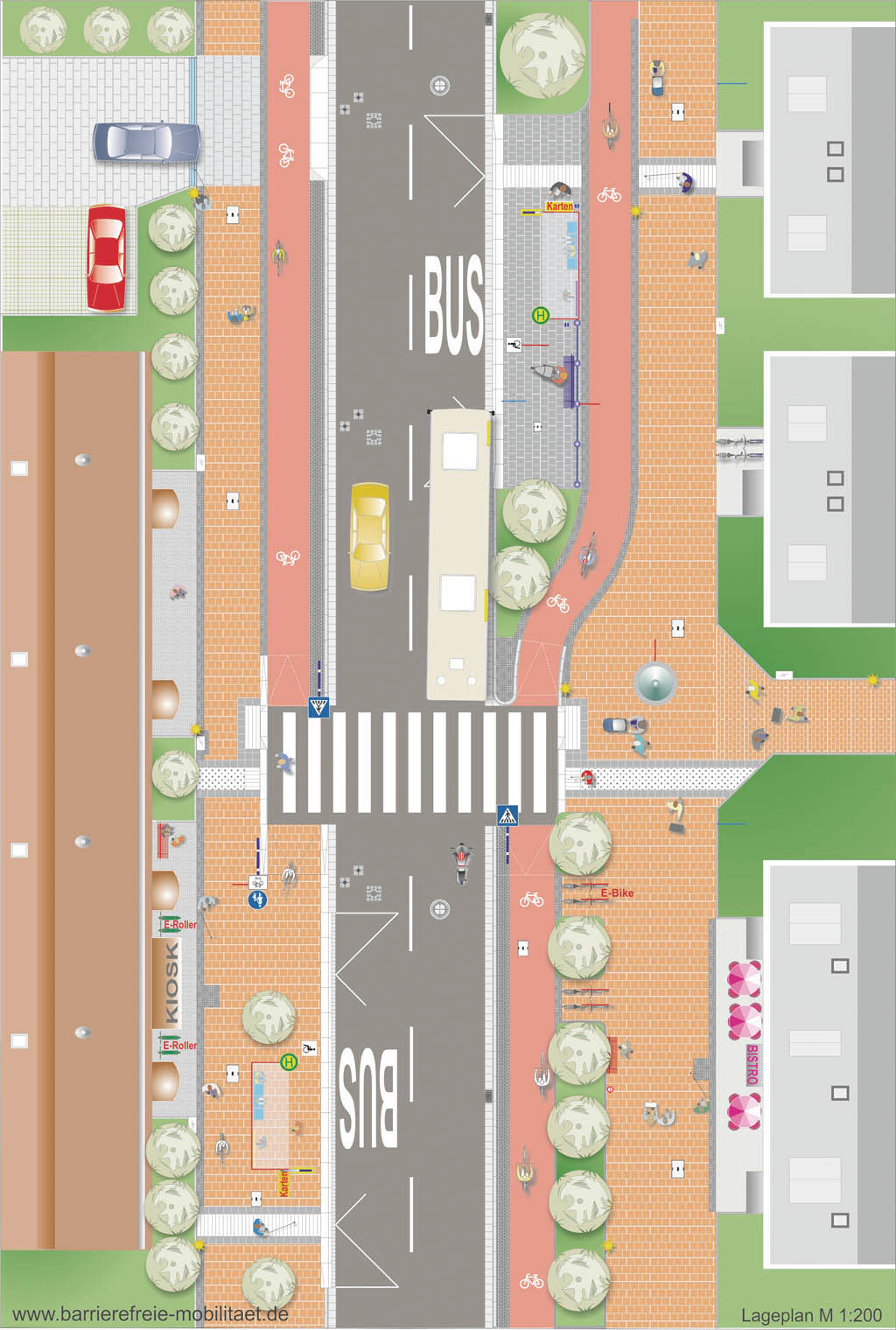 Grafik - barrierefreie Bushaltestelle mit Radverkehr